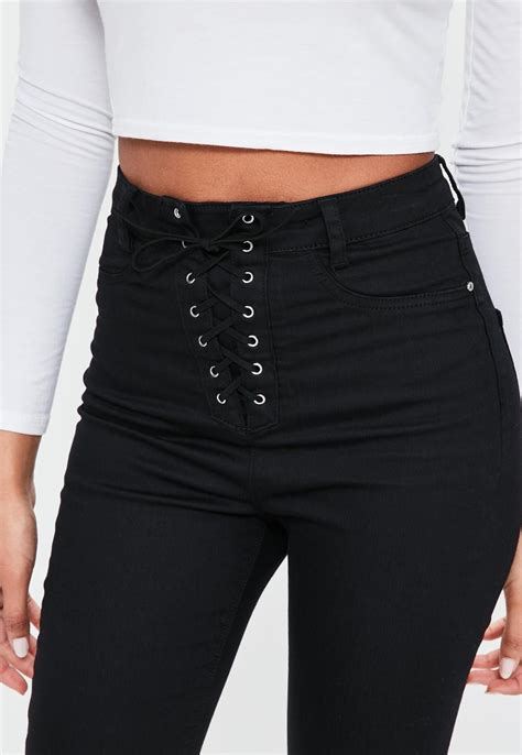 Black Vice High Waisted Lace Up Skinny Jeans Missguided Lace Up Trousers Black Jeans Outfit
