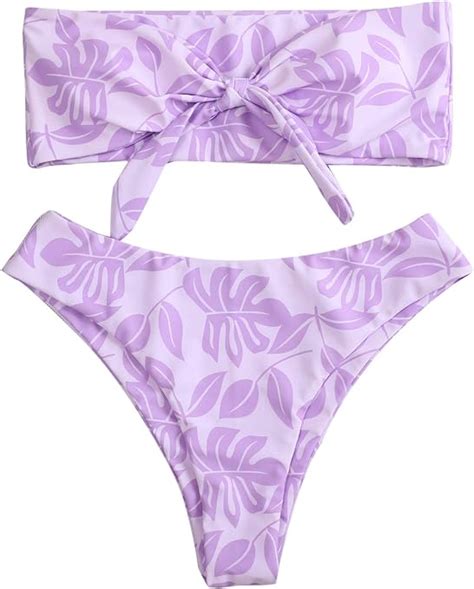 Shein Womens 2 Piece Leaf Print Swimsuit Strapless Tie Front Bandeau Bikini Set Bathing Suit