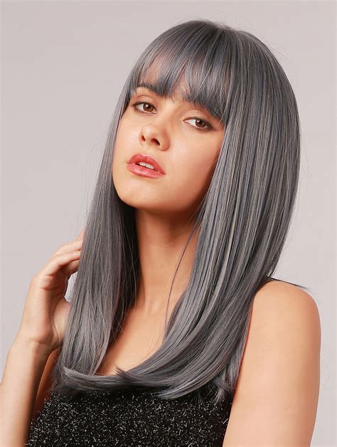 Grey Wig With Highlights 16 Inches Straight Synthetic Bob Wig With Bangs Heat Resistant Hair Wig