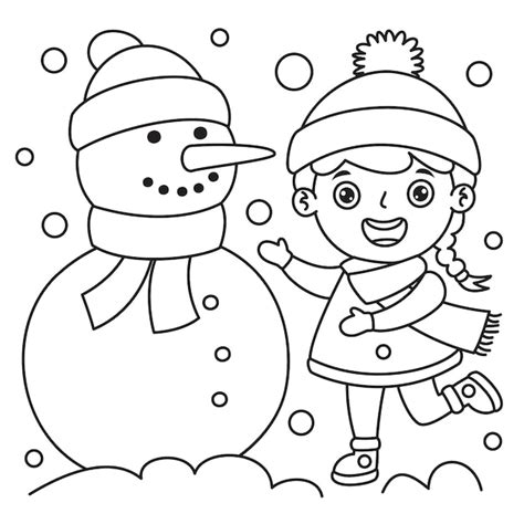 Premium Vector Girl In Winter Clothes Making A Snowman Line Art