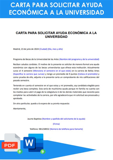 Modelo De Carta Para Solicitar Ayuda Económica A La Universidad