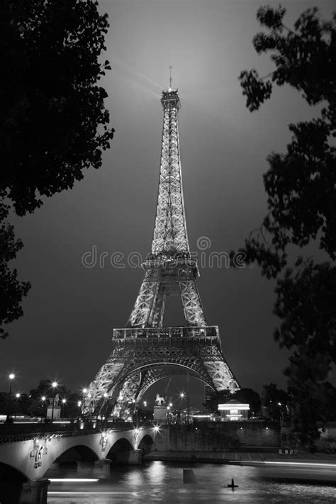 Eiffel Tower In Paris At Night Black And White Editorial