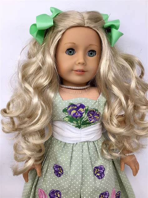 American Girl Doll ~ Caroline With Long Curly Blonde Hair Wearing Historical Dress And Matching