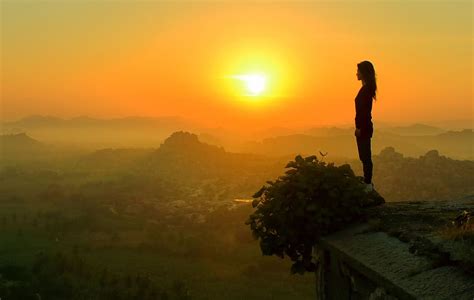 Hd Wallpaper Girl Mountain Sunrise Woman Looking Watching Sunrise