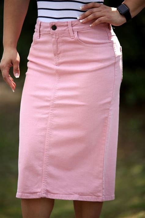 Colored Denim Skirt Rose Pink Skirt Outfits Modest Modest Outfits Casual Skirt Outfits