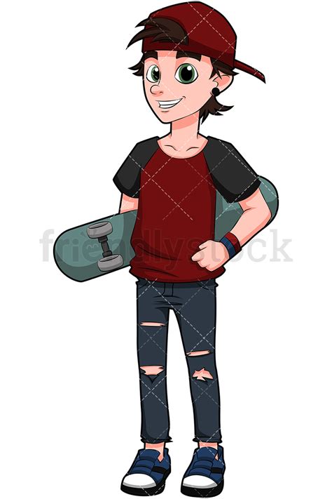 Teenage Boy Holding Skateboard Cartoon Vector Clipart