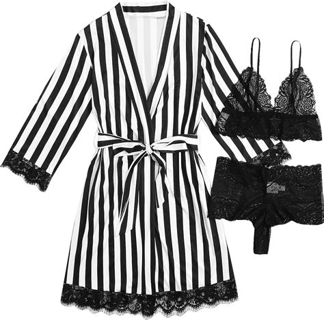Vodmxygg Women Lingerie Sexy Pajamas Black And White Classic Stripes Lace Satin Home Service 3
