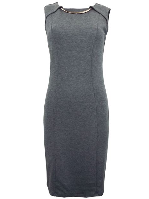 Text Grey Sleeveless Bar Front Panelled Shift Dress Size 12 To 20