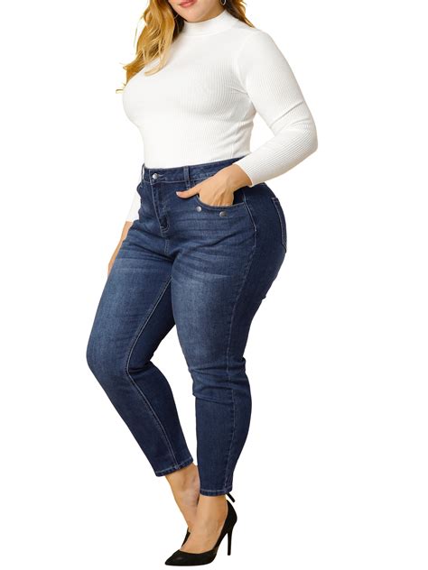 Unique Bargains Womens Plus Size Mid Rise Denim Stretch Washed