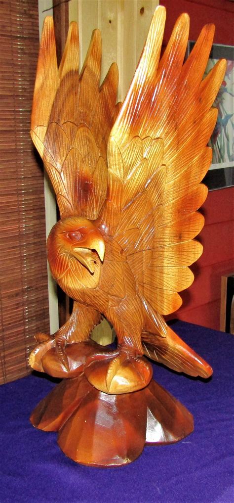 Large Hand Carved Wooden Eagle Sculpture Etsy Wood Statues Wooden