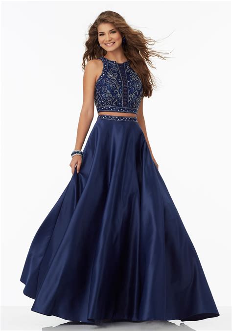 Mori Lee Beaded Two Piece Satin Prom Dress With Lattice Detail 99052