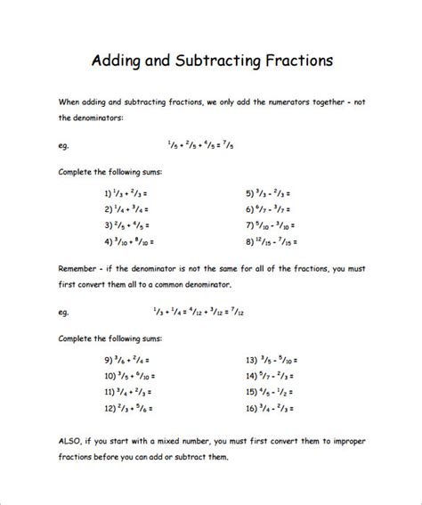 adding  subtracting fractions worksheets
