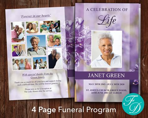 Purple Flowers Funeral Program Template Purple Memorial Etsy Uk