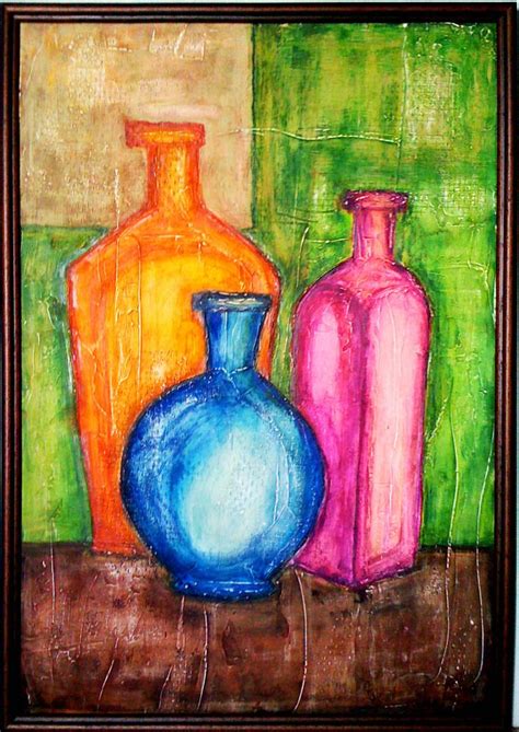 Original Acrylic Abstract Painting Mixed Technique Vintage Bottles