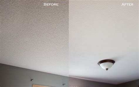 Use your scraper for carefully scraping off the popcorn texture, trying to minimize gouging or damaging the ceiling drywall beneath. $10 Popcorn Ceiling Makeover - Prairie & Pines
