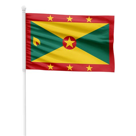 Realistic Rendering of the Grenada Flag Waving on a White Metal Pole