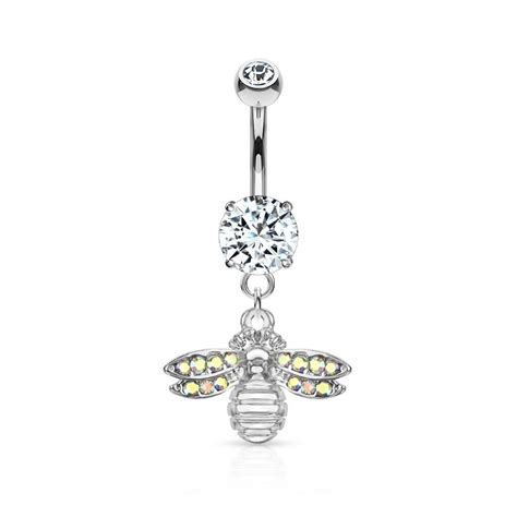 Bee With Crystal Iridescent Paved Wings Silver Belly Button Rings