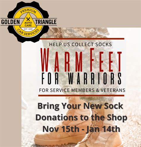 Warm Feet For Warriors Sock Drive 2021 Welcome To Golden Triangle Auto Care 303 573 1335
