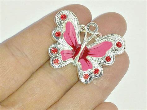 2 Large Red Enamel Butterfly Charms Crystal Rhinestone Butterflies