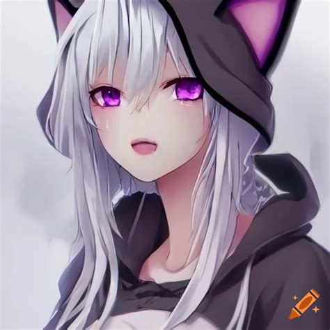 Anime Woman With White Hair Cat Ears And Purple Eyes