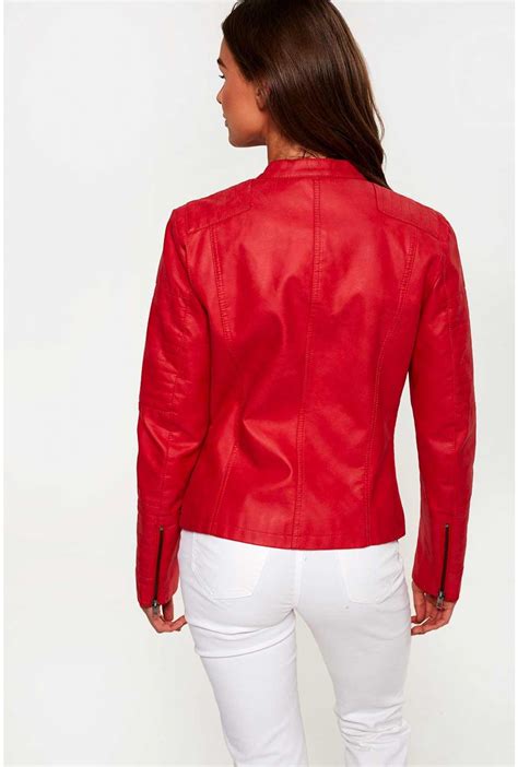 Only Ava Faux Leather Biker Jacket In Red Iclothing