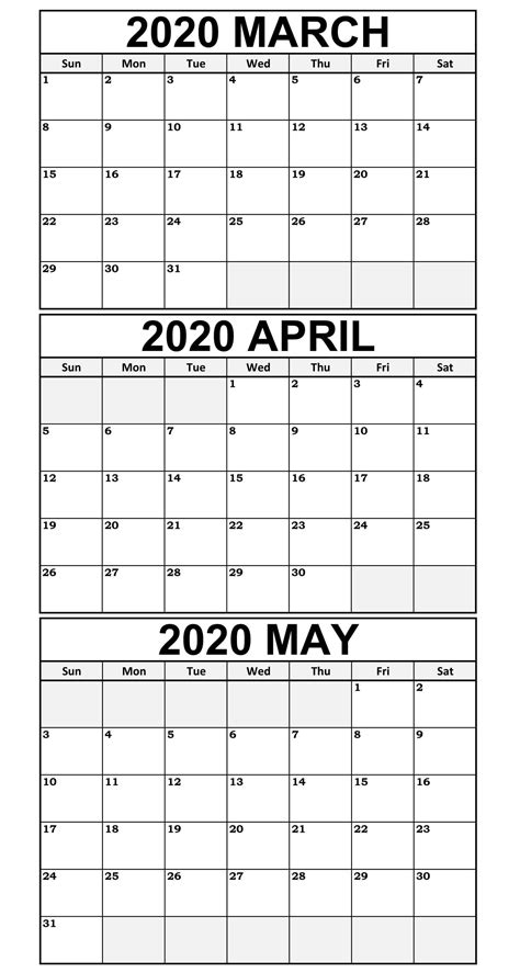 March To May Calendar 2020 Templates