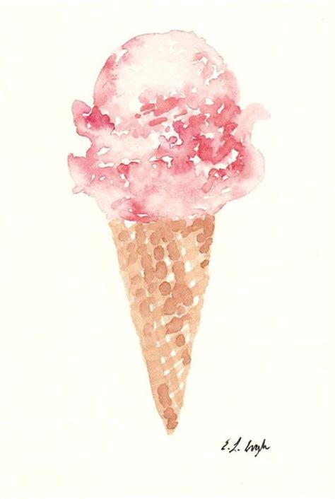 Pink Icecream Painting Watercolor Icecream Cone Summer Treat
