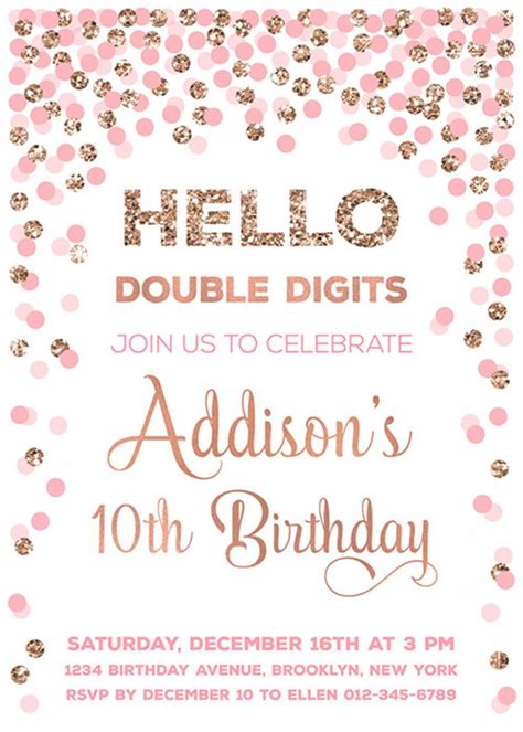 Double Digits Birthday Invitation Pink And Rose Gold Th Etsy