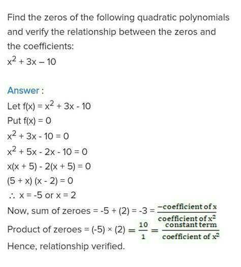 Find The Zeros Of The Quadratic Polynomial And Verify The Relation