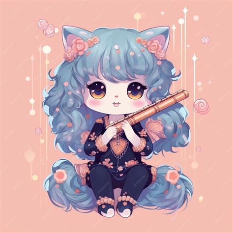 Premium Ai Image Anime Girl With Blue Hair And A Cat Ears Playing A