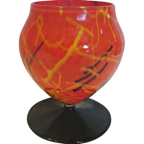 Bohemian Czech Art Glass Vase Orange Spatter W Black Yellow Lines From Darcysantiquetreasures On