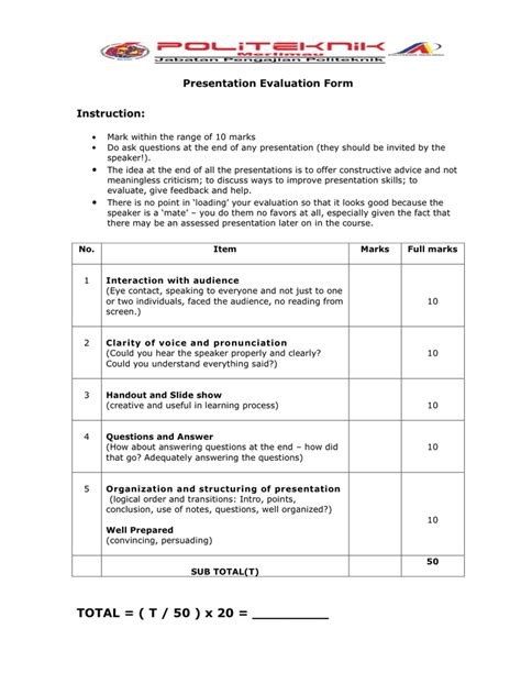 Powerpoint Presentation Evaluation Form