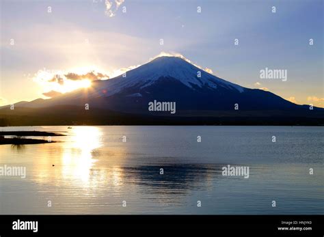 Mount Fuji Sunset View From Lake Yamanaka Yamanashi Japan Stock Photo