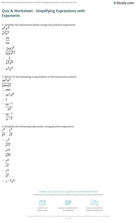 Quiz And Worksheet Simplifying Expressions With Exponents