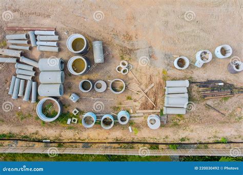Stacked Pipe At Concrete Drainage Pipes For Building Construction Stock