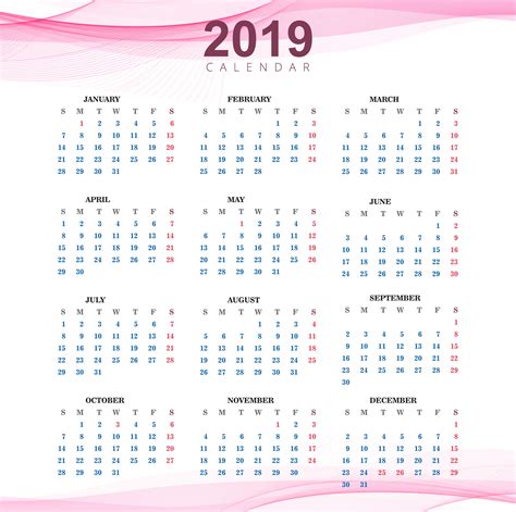 Plantilla Calendario 2019 Con Fondo De Onda 250051 Vector En Vecteezy