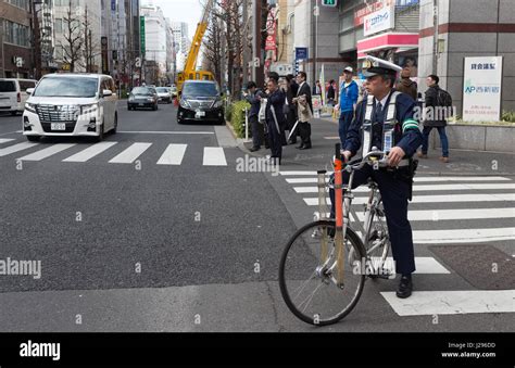 Tokyo Japan April 8th 2017 Japanese Police Man Sitting On A