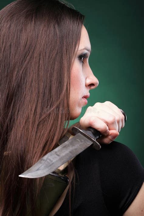 Young Woman Long Hair Gun Knife Stock Image Image Of Person