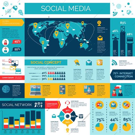 Social Media And Networks Infographic Set With Surveys Diagrams And