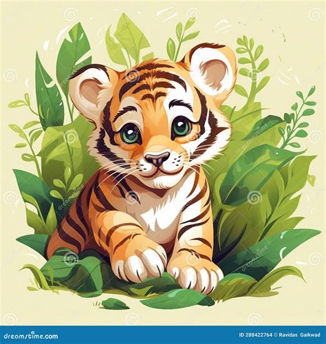 An Illustration Of A Cute Tiger Cub Sitting In The Grass Ai Generated