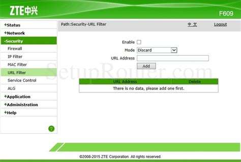 The majority of zte routers have a default username of admin, a default password of admin, and the default ip address of 192.168.1. ZTE ZXHN F609 Screenshot URLFilter