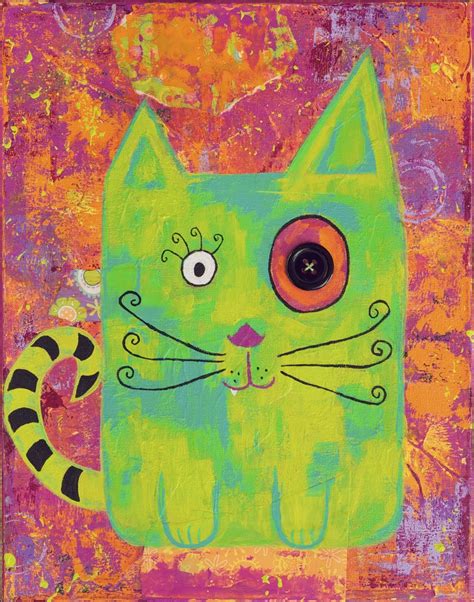 Items Similar To Whimsical Colorful Cat Nursery Decor Giclee Print Green Pink On Etsy