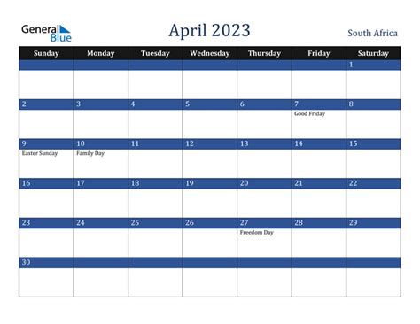 April 2023 Calendar With South Africa Holidays