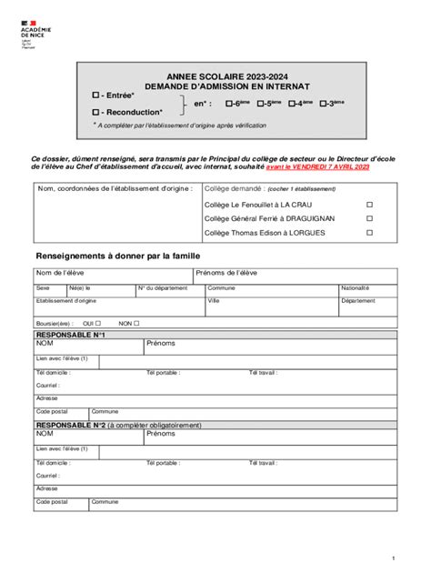 Remplissable En Ligne Demande Dadmission En Internat Fax Email Imprimer