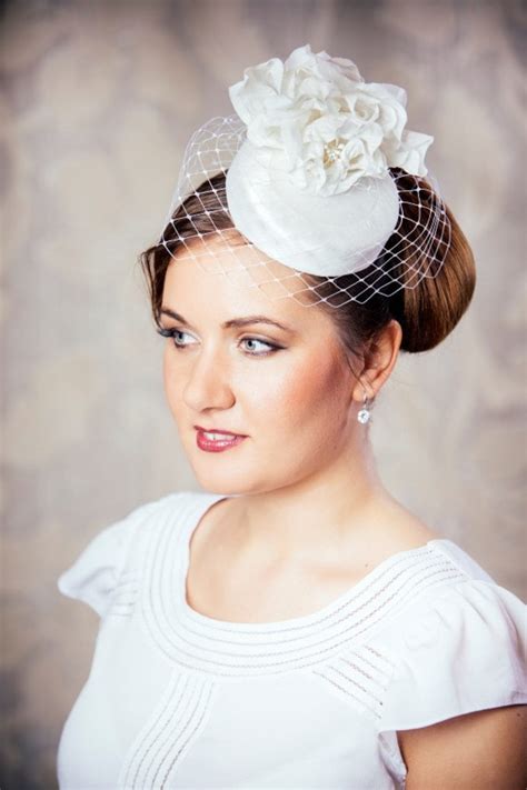 White Bridal Pillbox Hat With Birdcage Veil And Silk Flowers Etsy Uk