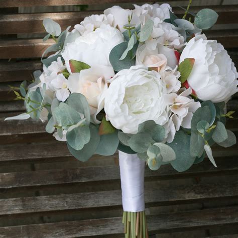 eillyrosia rustic bridal bouquet wedding flowers artificial white roses eucalyptus ivory silk