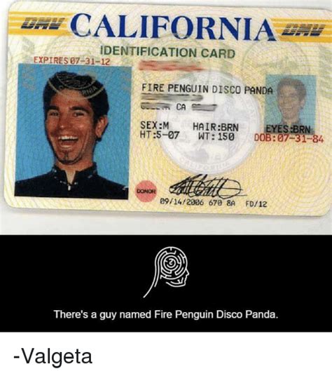 Law California Identification Card Expires 07 31 12 Fire Penguin Disco Panda Sex Mhairbrn