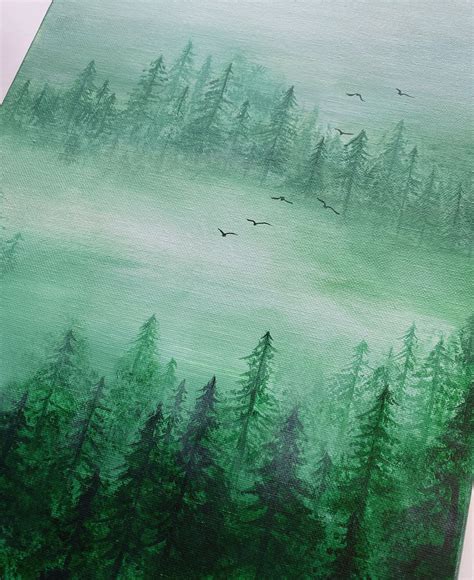 Original Acrylic Painting Misty Forest Etsy