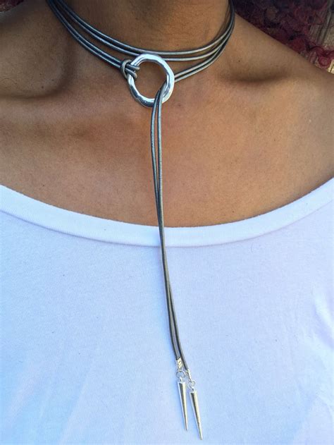 Leather Choker Choker Necklace Lariat Necklace Long Etsy