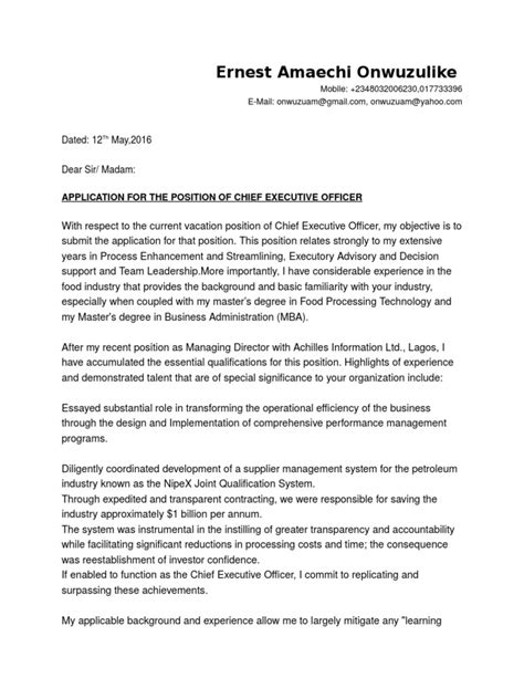 Do address your cover letter to the correct member/s of staff. Cover Letter for Chief Executive Officer Position(FMCG ...